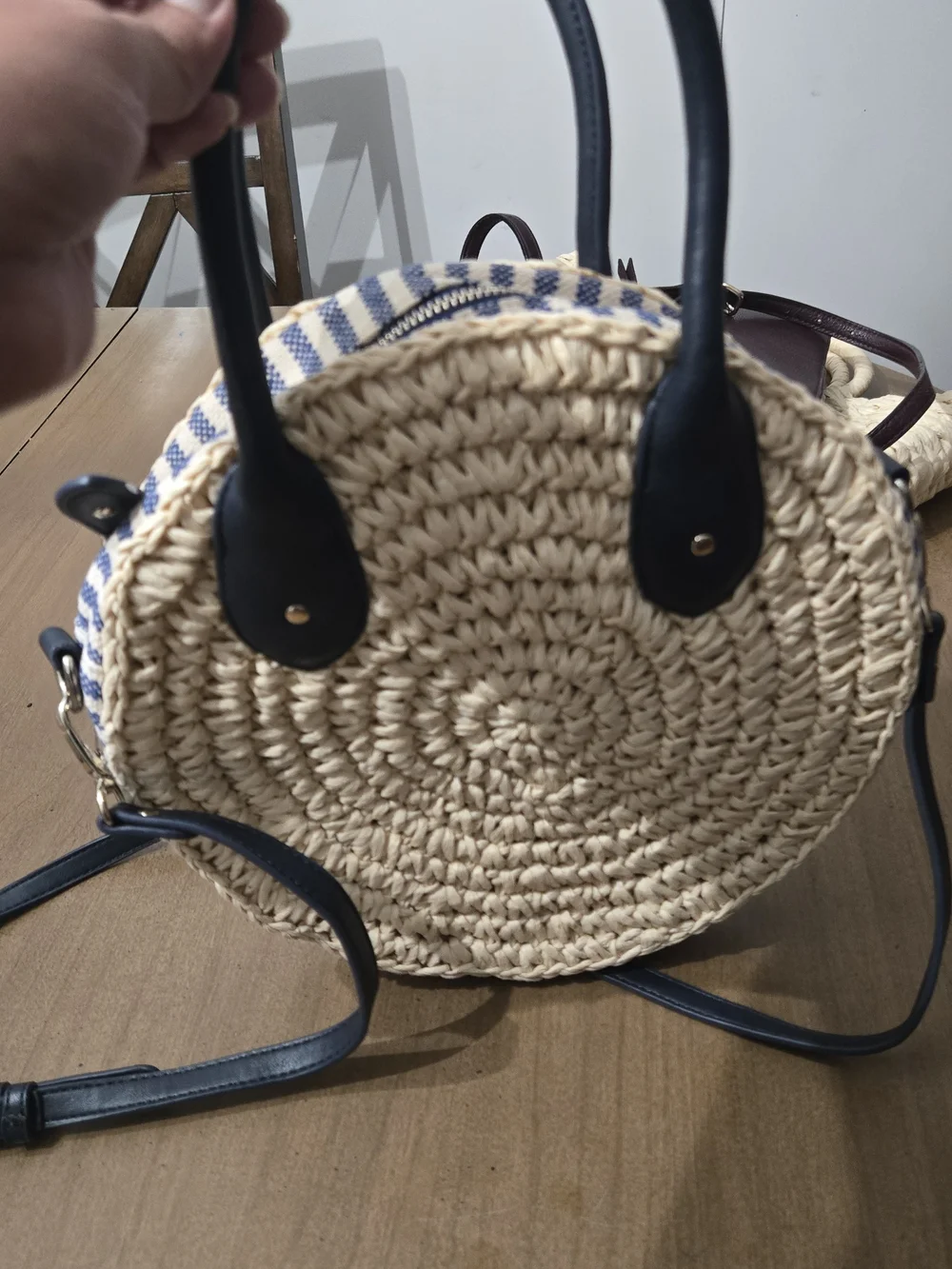 Talbots Round Straw Crossbody with Navy Trim and Handles